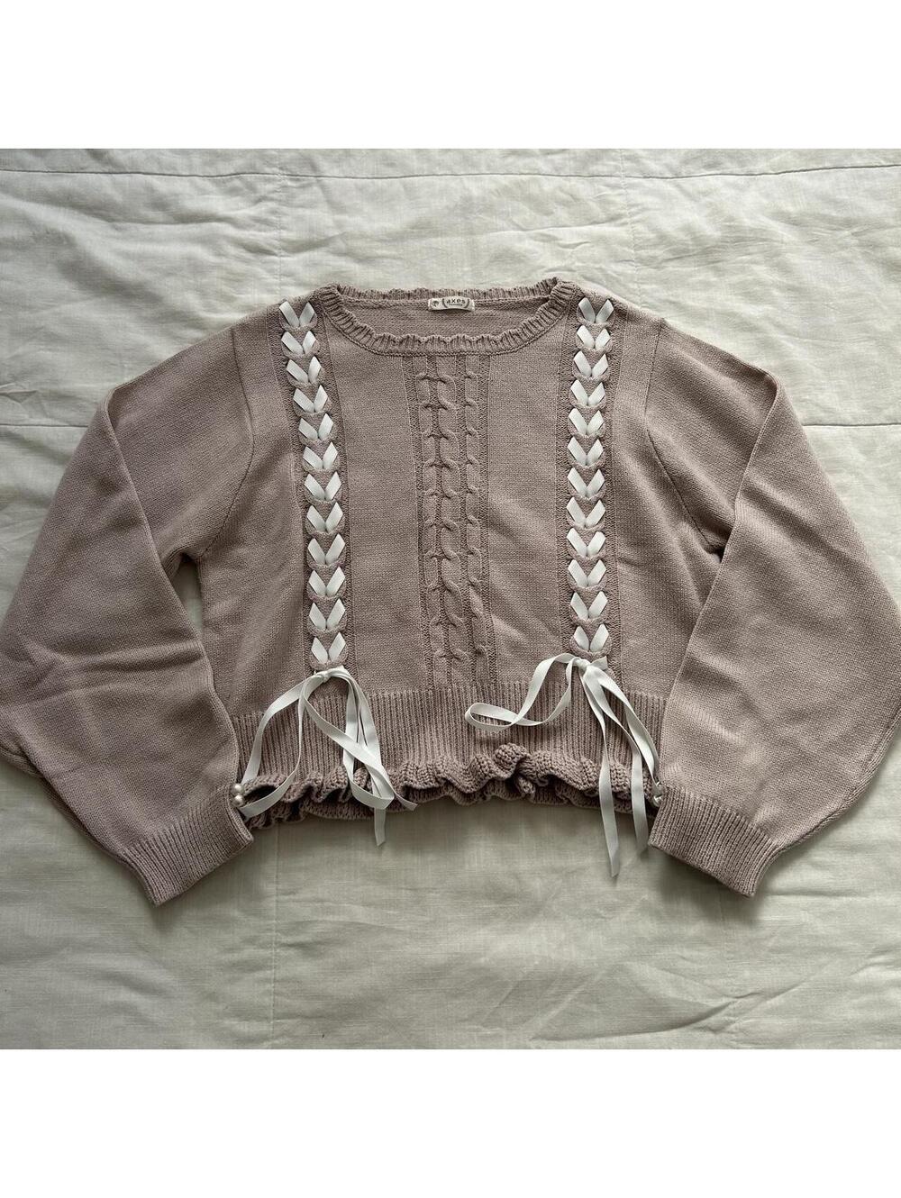 Axes Femme Dusty Pink Ribbon Lace-Up Cropped Knit Sweater Size M Japan